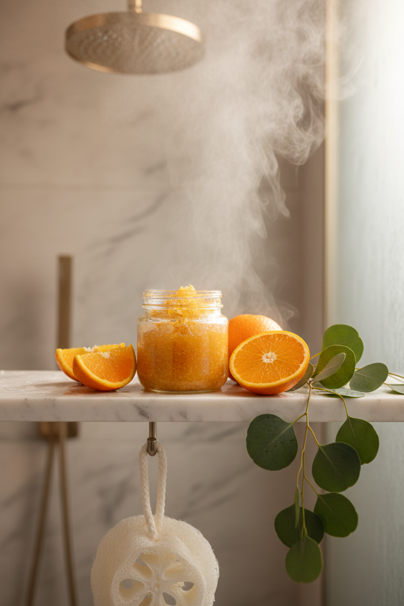 Citrus body scrub in a luxurious spa-like shower setting with fresh oranges