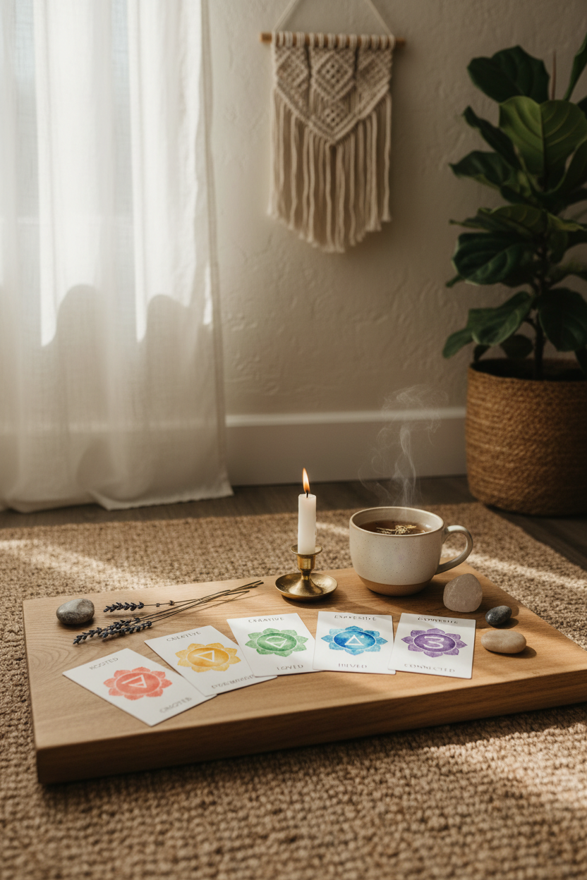 Chakra affirmation cards on a wooden tray with candle, crystal and herbal tea in a meditation corner